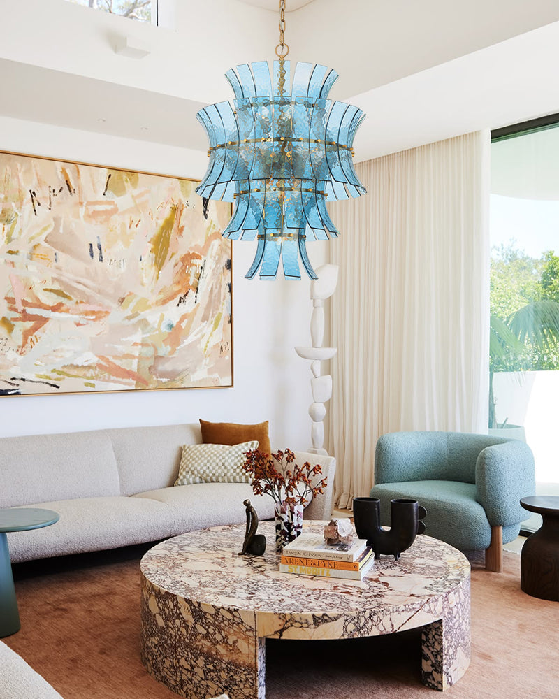 Ghiaccio Glass Azure Blue Cascade Multi Tiered Waterfall Chandelier - Heritage Brass Trim - Living Room & Dining Room