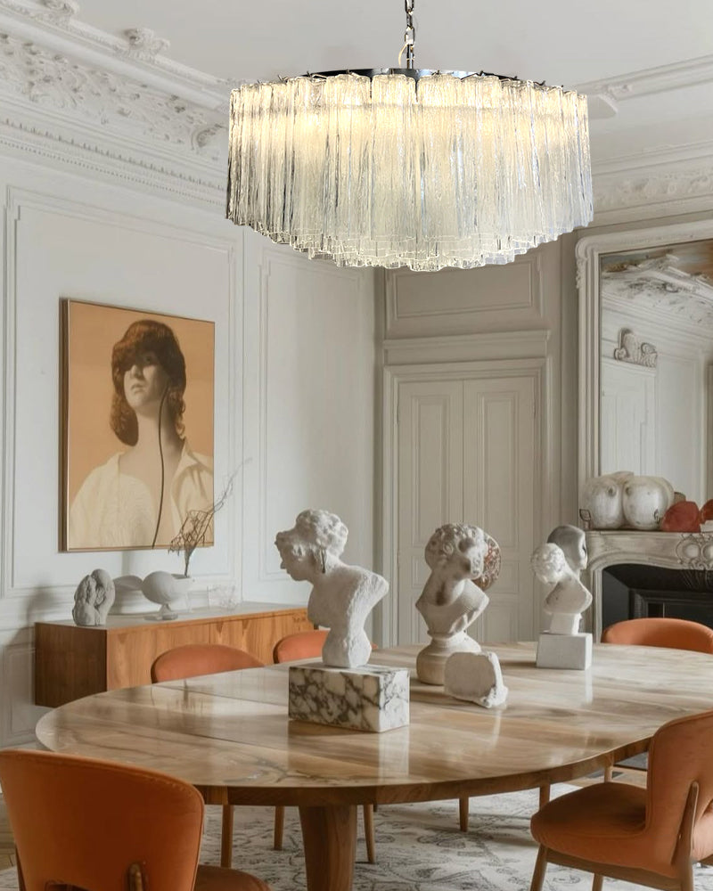 Classic Murano Transparent Glass Tube Chandelier Brushed Gold & Chrome Frame