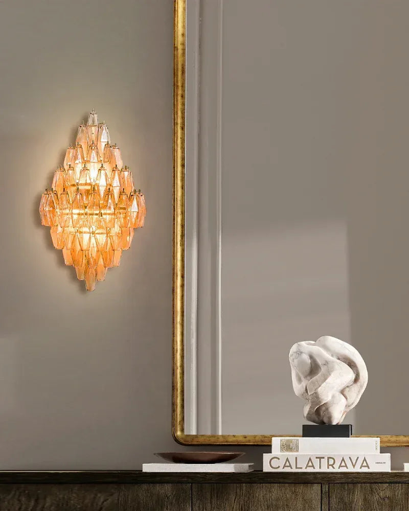 LightsStory Series Refractive Wall Light | Tiered Handblown Glass Handblown glass polyhedrons on a tiered steel frame, Lilac handblown glass with steel frame for Luxury bathrooms and vanity areas American Vintage chandelier lamp