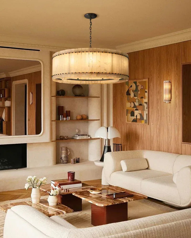 Val d’Isère Series Architectural Chandelier | Linear Tiered Hand-carved alabaster panels and mid-century steel, Mid-century steel finish for Dining rooms, foyers, and offices American Vintage chandelier lamp