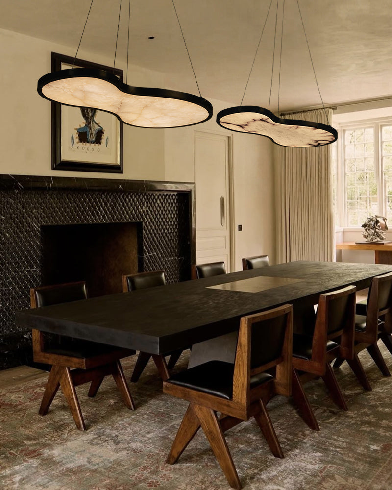 Alabaster Fabula Organic Cloud Panel Geometric Pendant Light Chandelier - Natural Spanish Alabaster Panel, Serene Black Trim - Kitchen Islands & Dining Rooms