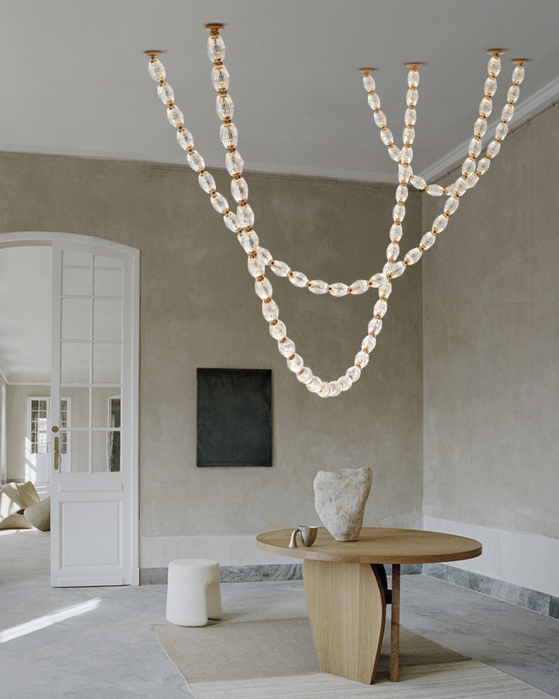 Clairval Glass Bead Rope Hanging Pendant Light - Clear Glass, Lux gold Trim - Lobby, Living Rooms & High Ceilings