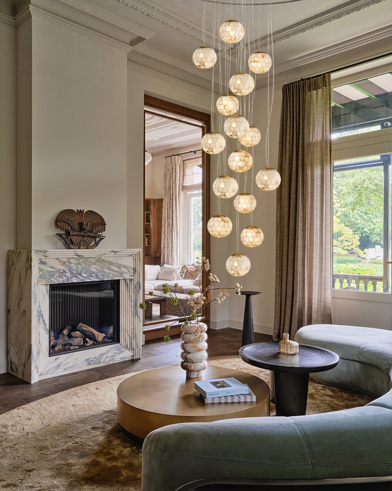 Alabaster Cascading Shell Globe Multi Ball Pendant Light - Natural Spanish Alabaster Spheres, Lux Gold Trim - Kitchens, Dining & Living Rooms