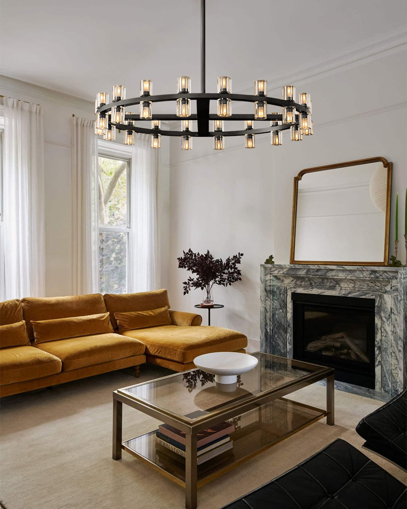 Lacquered Brass/Black Wagon Wheel Arcachon Crystal Rectangular Chandelier 48" 60" 72"