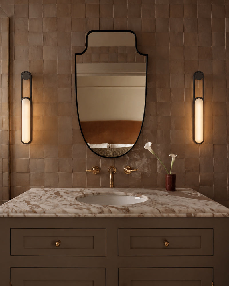 Alabaster Elongated Oval Capsule Gold Mounted Wall Light Sconce - Natural Spanish Alabaster Wall Lamp - Bedroom & Living Room