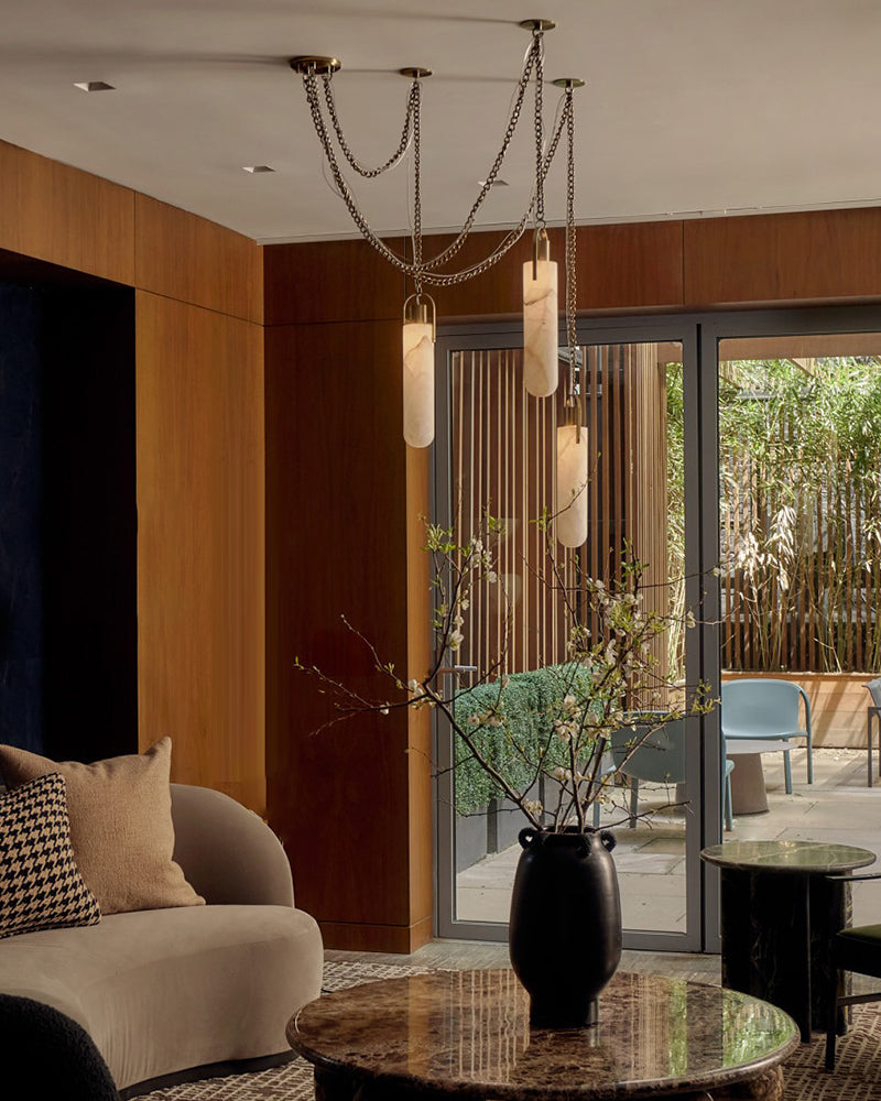 7-lights Brass Ceiling Pendant Lights | Alabaster Flint Drop Chain Lights