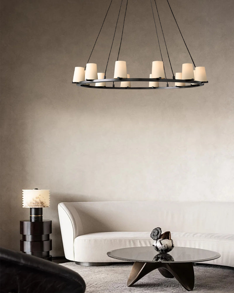 Pauillac Frabic Shade Round Chandelier 36" 48" 60" Lacquered Burnished Brass/Black American chandelier