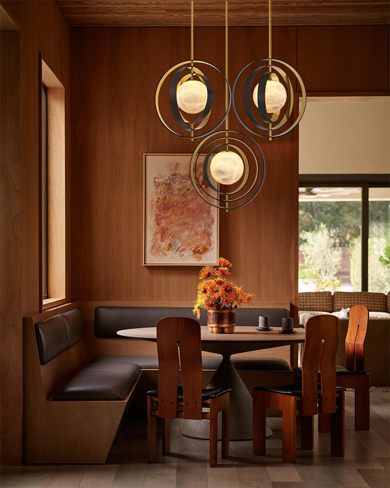 White Alabaster Round Ceiling Pendant Lamp - Gold & Bronze Rotatable Ring