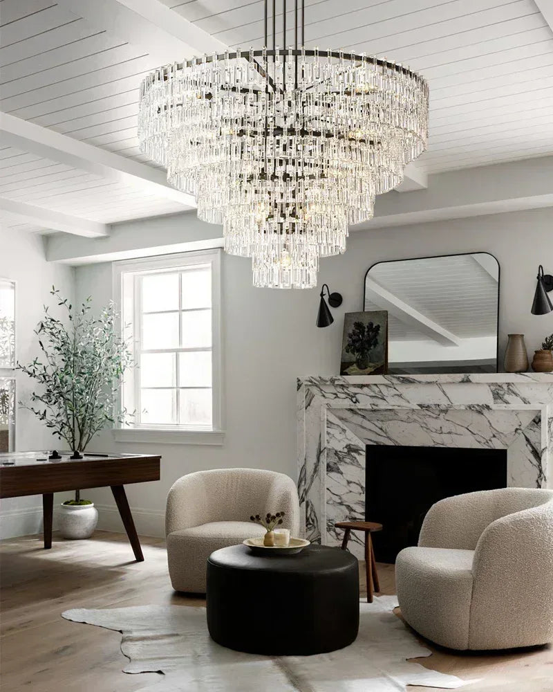 Montreux Series Cascading Chandelier | Four-Tier Round Hand-Set Prismatic Crystals & Interlocking Steel, Premium Gold or Matte Black for Grand Entryways, Dining Areas, and Living Rooms American chandelier