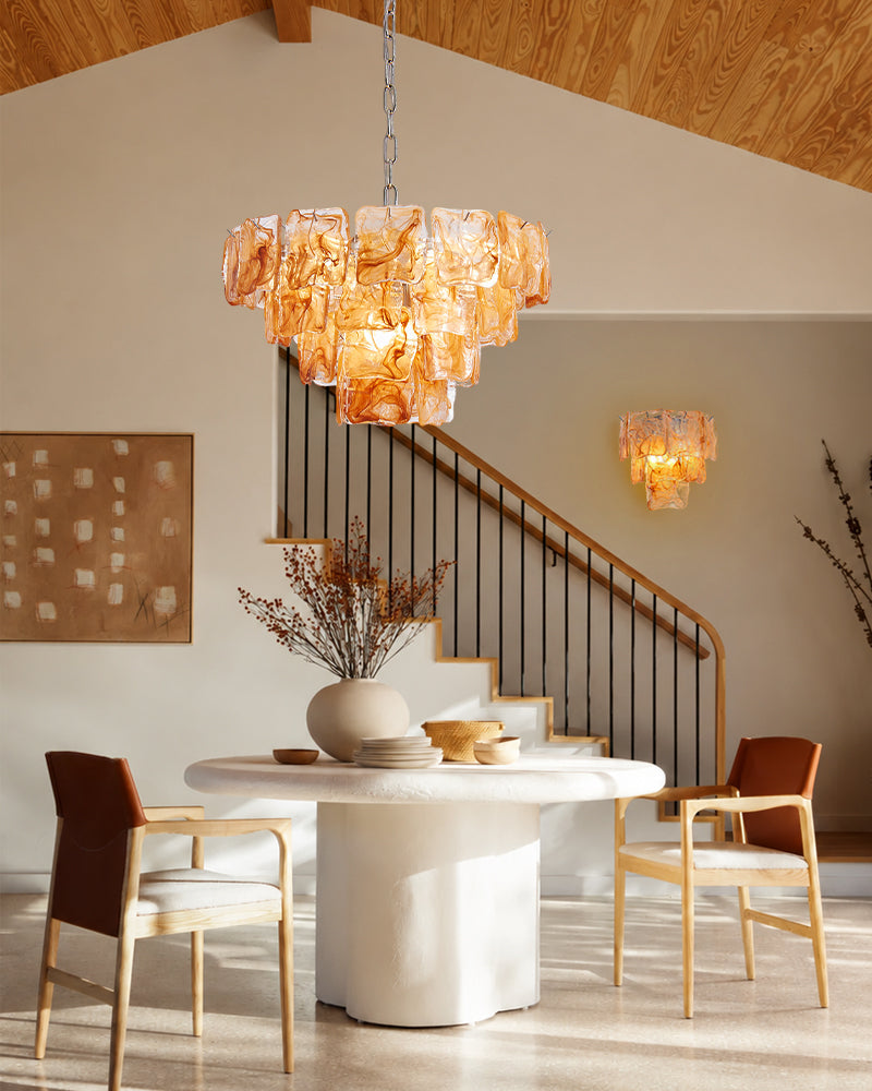 Murano Glass Amber Glow Circular Prism Multi Tiered Waterfall Chandelier - Handblown Glass, Brass Trim - Living Rooms, Dining Rooms & Bedrooms