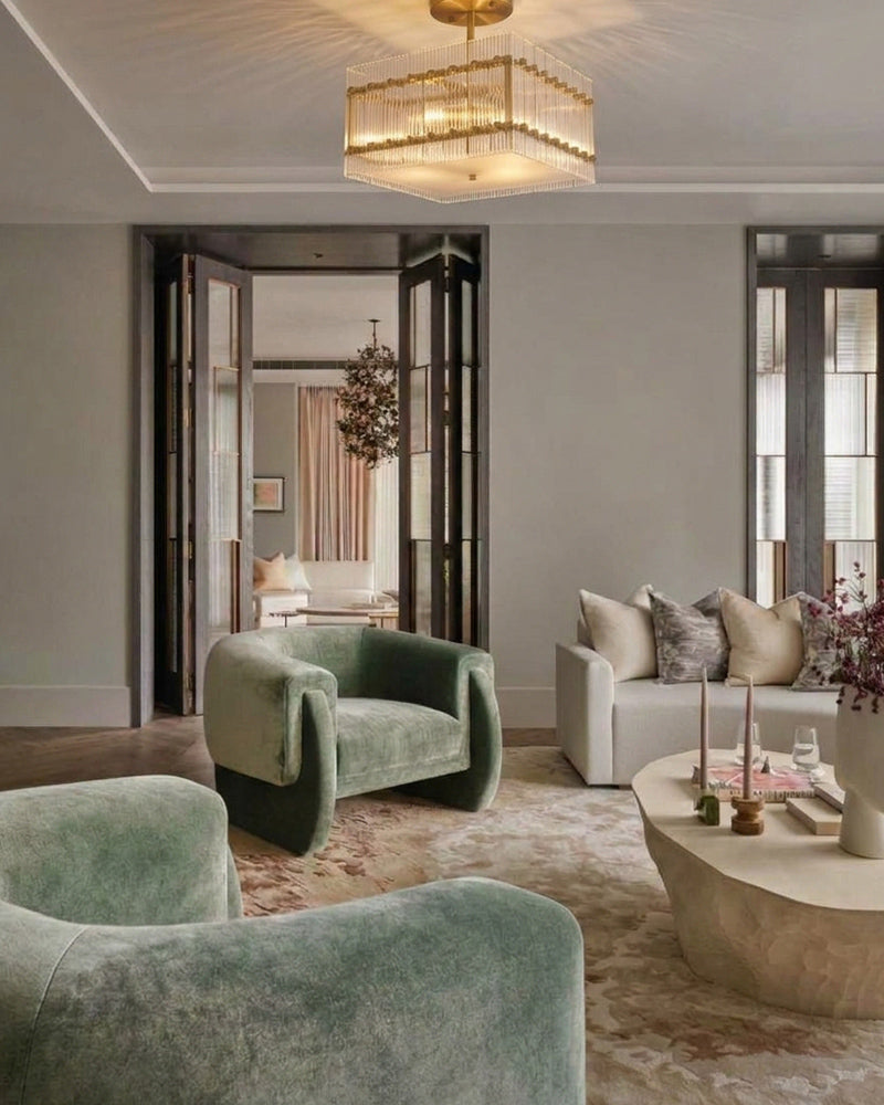 Solstice Aura Fluted Glass Square Ceiling Light - Semi Flush Mount, Lux Gold Trim - Living Rooms, Dining Rooms & Hallways