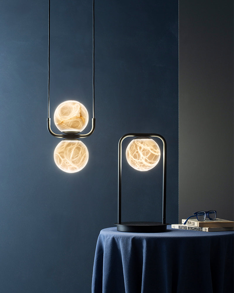 Alabaster Orb 3 Ring Chandelier in Black/Brass Framework | Modern Living Room