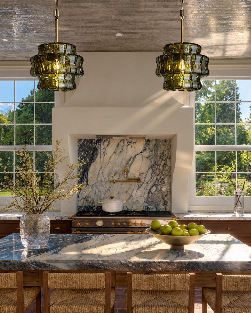 Brina Ghiaccio Murano Smoked Green Glass Lantern Drum Pendant Light - Textured Ice Glass, Lux Gold Trim - Kitchens, Dining Rooms & Living Rooms