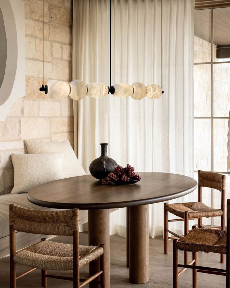 6 Lights Rectilinear White Alabaster Solid Ball Thread Synthetic Shade Hanging Light in the Kitchen