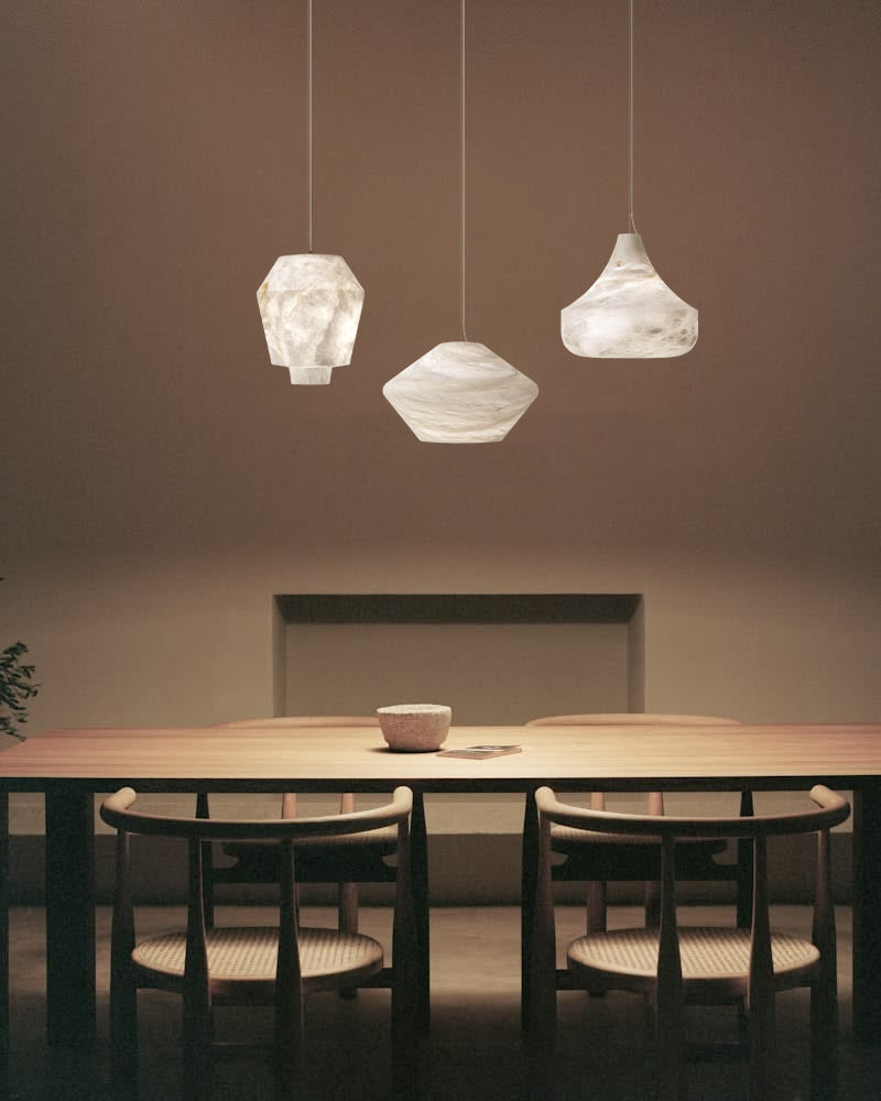 Alabaster Sculptural Organic Tapered Orb Pendant Light - Natural Spanish Alabaster, Serene White Trim - Kitchens, Dining & Living Rooms