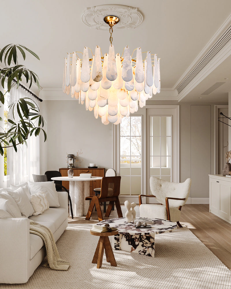 21.7-inch tiered raindrop chandelier in modern living room with elegant decor.