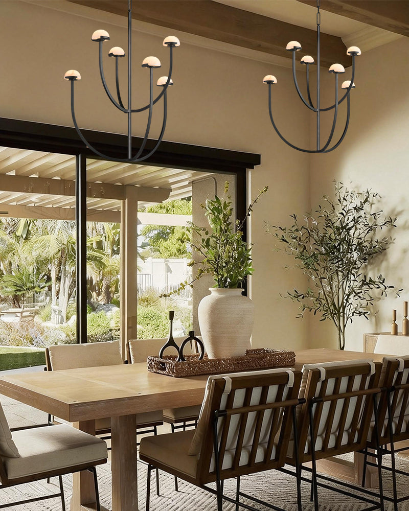 Pedra Two-Tier Chandelier in Antique Burnished Brass/Black Metal with Alabaster Shade American chandelier