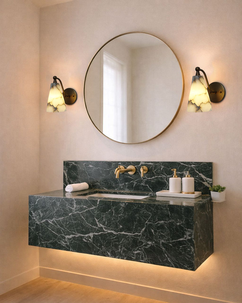 Alabaster Wall Sconce with Brass/Black Arm – Handmade Natural Stone Wall Light Fixtures Flush Mounted Wall Sconce Lamp