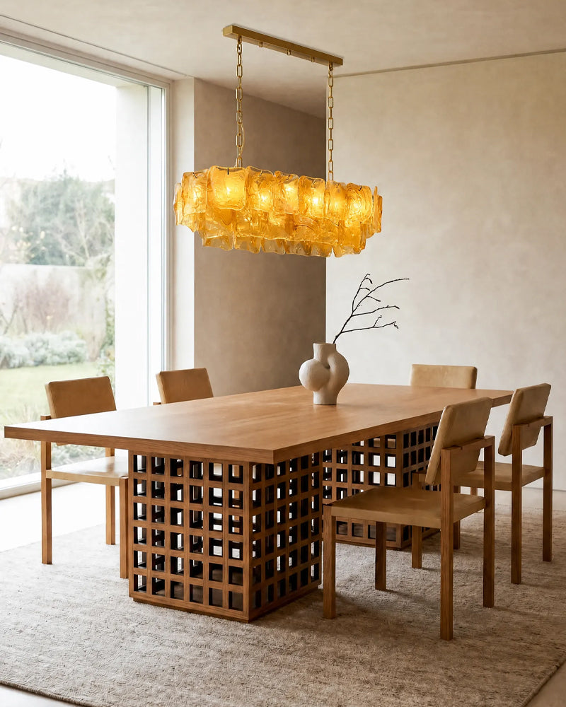 Chiara Murano Glass Contemporary Amber Panel Linear Chandelier - Lux Gold Trim - Kitchen Islands & Dining Rooms