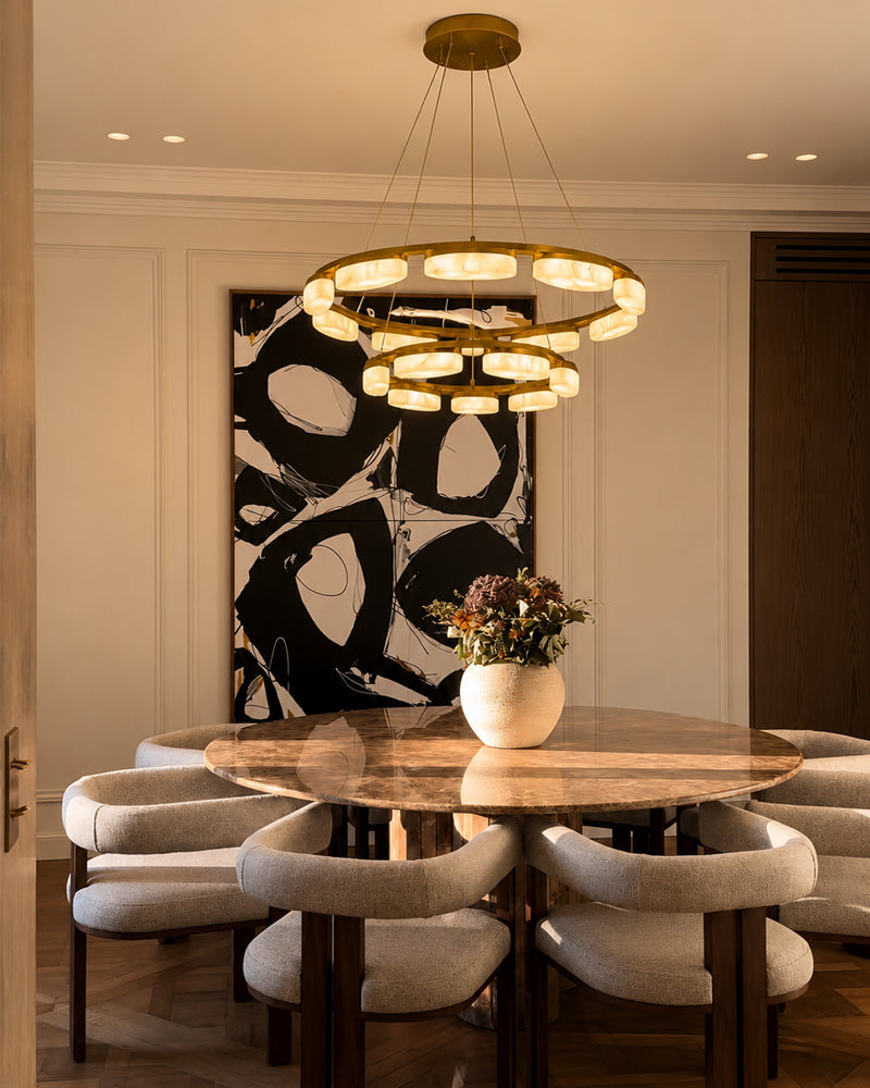 Alabaster Concentric Ring Disc Swirl Circular Pendant Light - Natural Spanish Alabaster, Lux Brass Trim - Kitchens, Dining & Living Rooms
