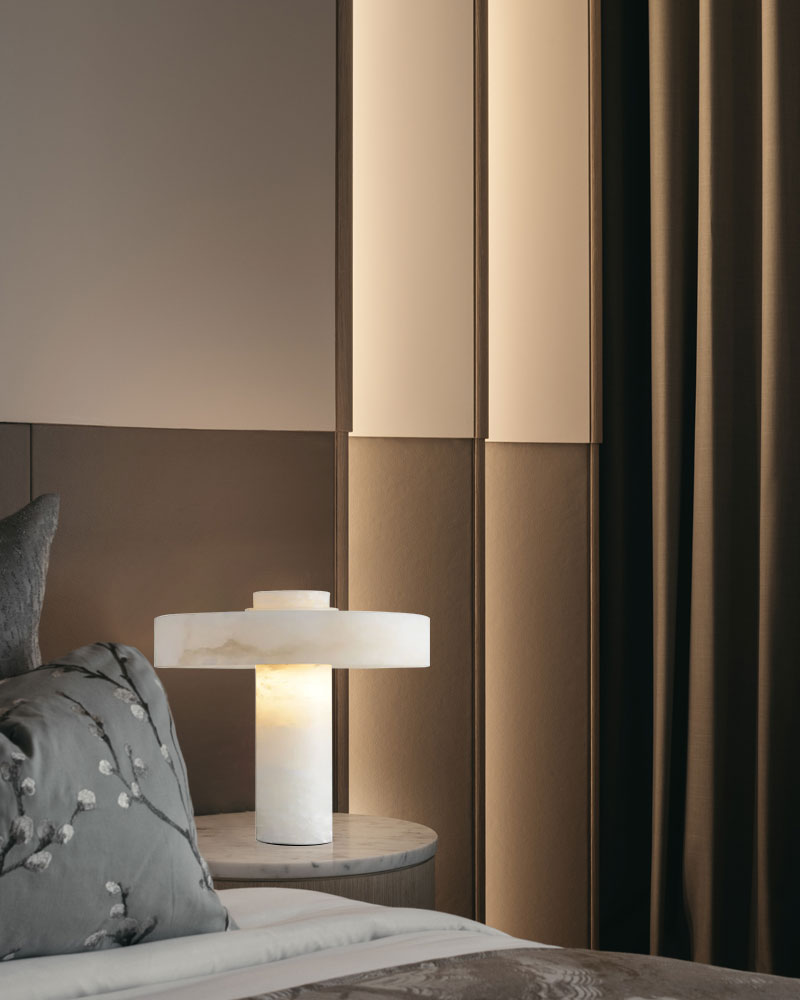 E27 round alabaster table lamp with warm glow in modern bedroom setting