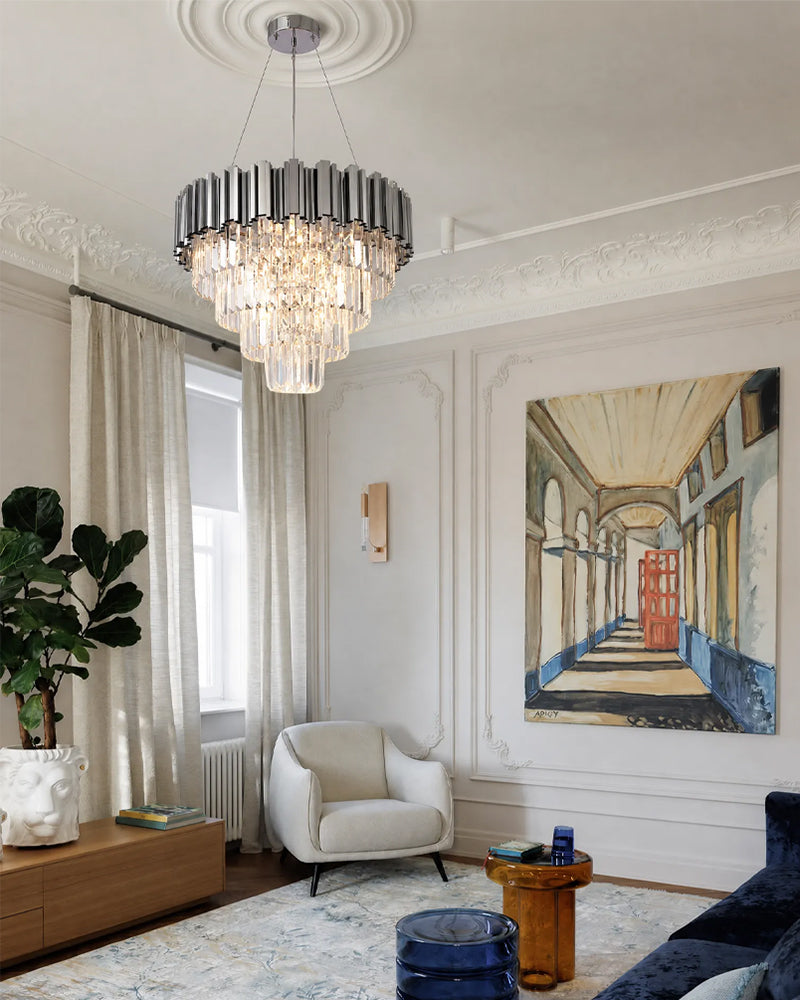 Bordeaux Multi Tiered K9 Crystal Silver Fluted Waterfall Chandelier - Lux Silver Trim - Living Rooms, Dining Rooms & Foyers