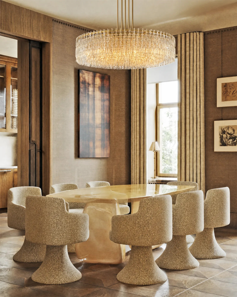 K9 Crystal Multi Tiered Concentric Glass Prism Linear Chandelier - Precision-Cut Crystal, Lux Gold Trim - Kitchen Islands & Dining Rooms