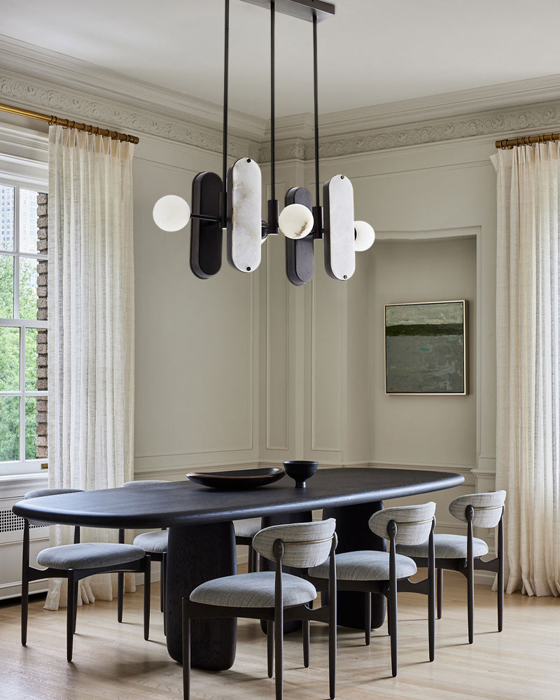 8-Light LED Linear Pendant Lighting in White Alabaster with Bronze & Brass Hardwared