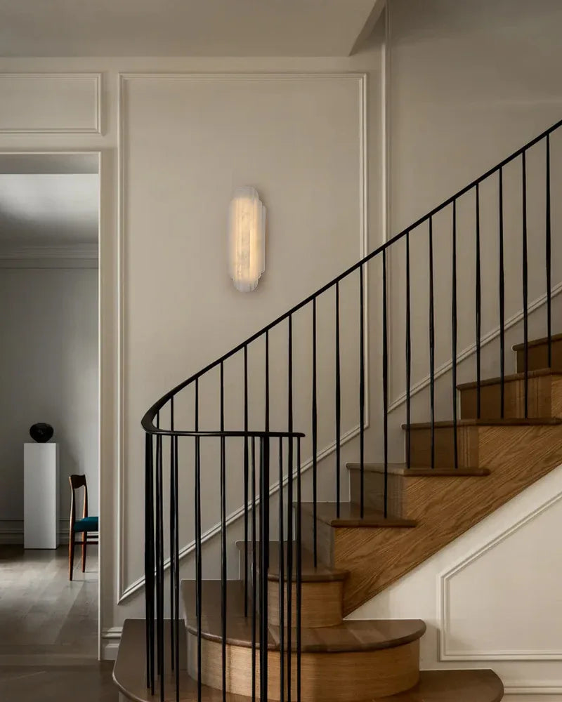 Estelle Series Ethereal Wall Sconce | Layered Alabaster Natural layered alabaster shade with minimalist metal base, Sleek modern metal finish for Living rooms, halls, and bathrooms Flush Mounted Wall Sconce Lamp