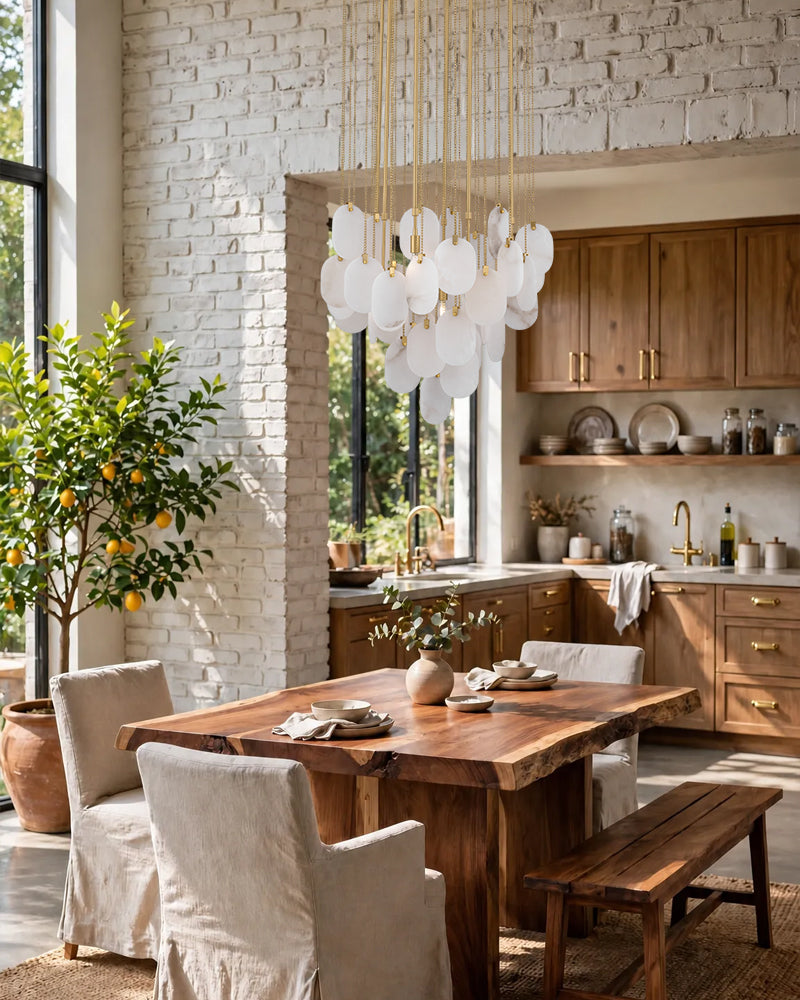 Fenwich Alabaster Gold Tag Cluster Pendant Light - Natural Spanish Alabaster Panels, Lux Gold Trim - Dining Rooms & Living Rooms