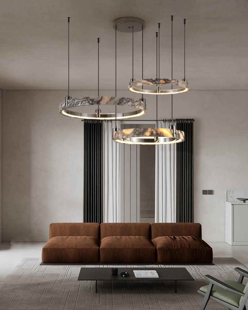 Luxury LED Double/Triple Ring Circle Marble Chandelier Aged Brass/Black Frame American chandelier