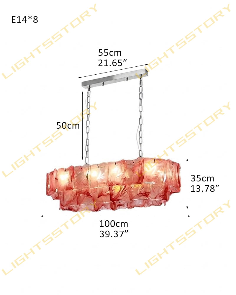 Chiara Murano Glass Contemporary Blush Pink Panel Linear Chandelier - Lux Gold Trim - Kitchen Islands & Dining Rooms