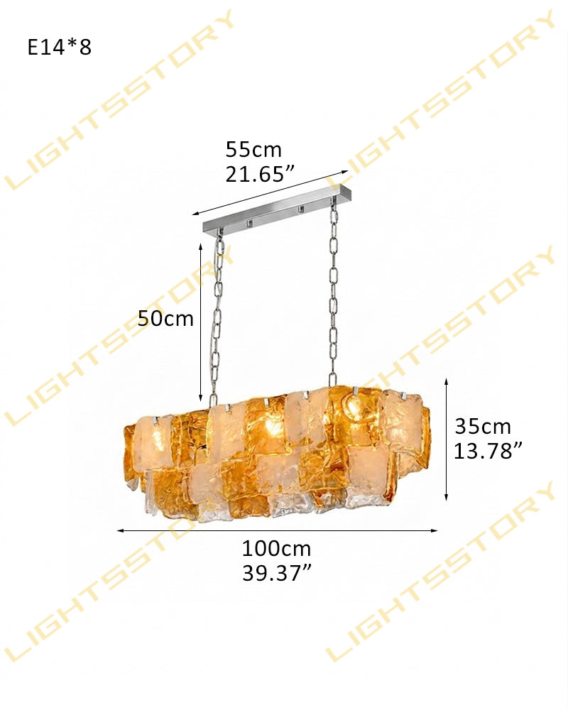 Chiara Murano Glass Contemporary White Amber Panel Linear Chandelier - Lux Gold Trim - Kitchen Islands & Dining Rooms