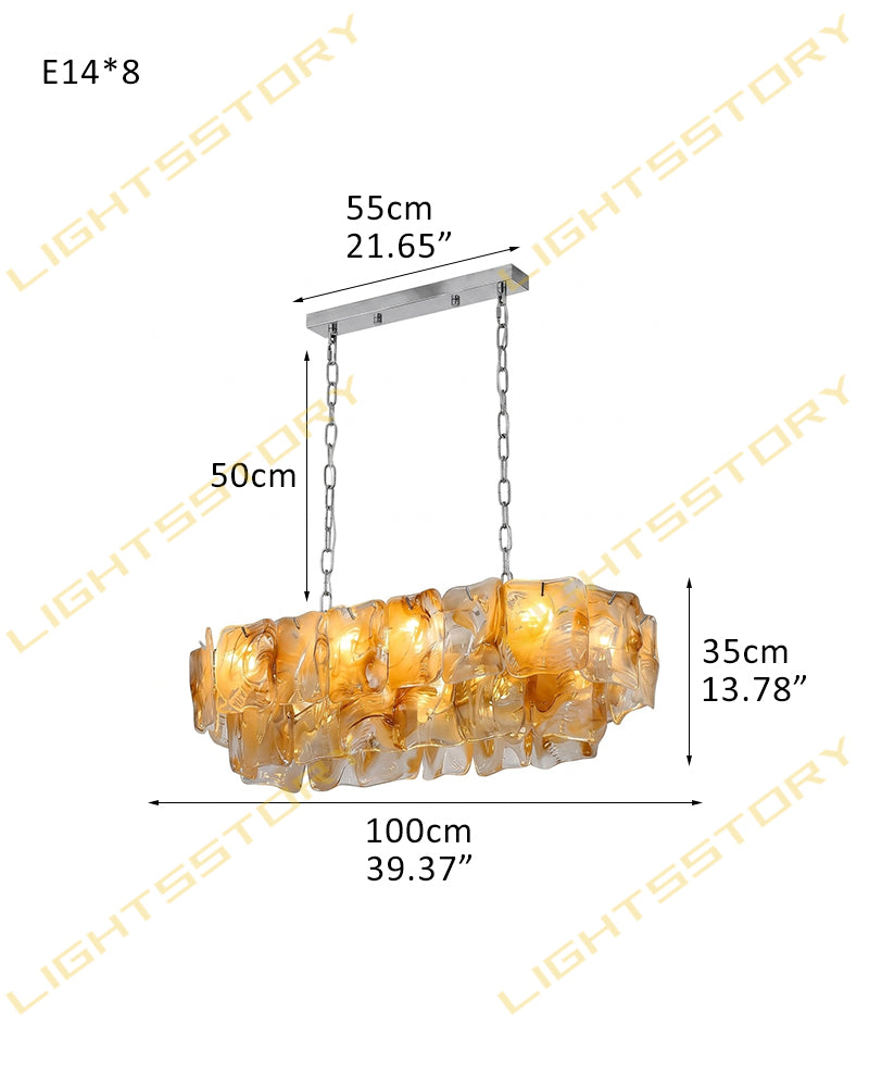 Chiara Murano Glass Contemporary Amber Panel Linear Chandelier - Lux Gold Trim - Kitchen Islands & Dining Rooms