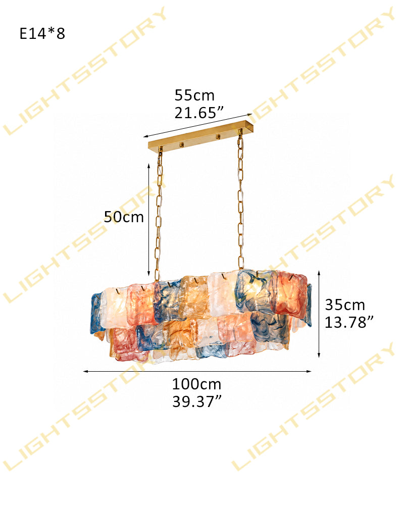 Chiara Murano Glass Contemporary Tri Tone Linear Chandelier - Lux Gold Trim - Kitchen Islands & Dining Rooms