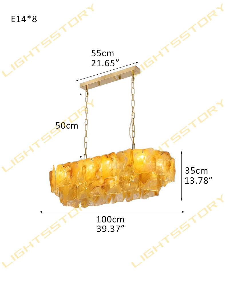 Chiara Murano Glass Contemporary Amber Panel Linear Chandelier - Lux Gold Trim - Kitchen Islands & Dining Rooms