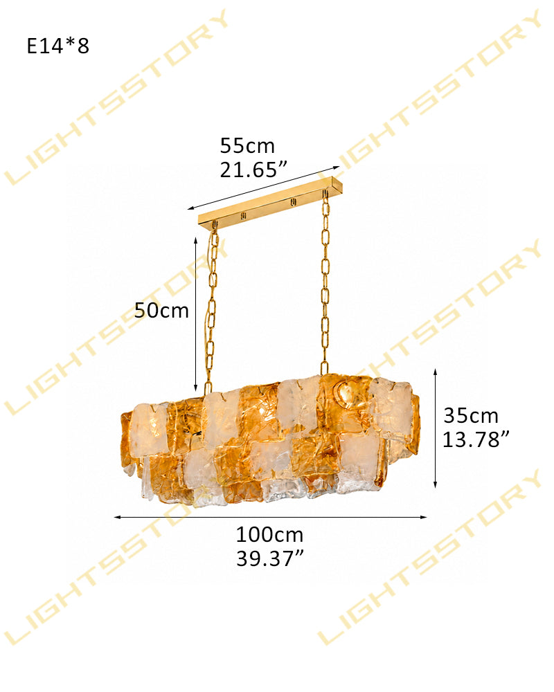 Chiara Murano Glass Contemporary White Amber Panel Linear Chandelier - Lux Gold Trim - Kitchen Islands & Dining Rooms