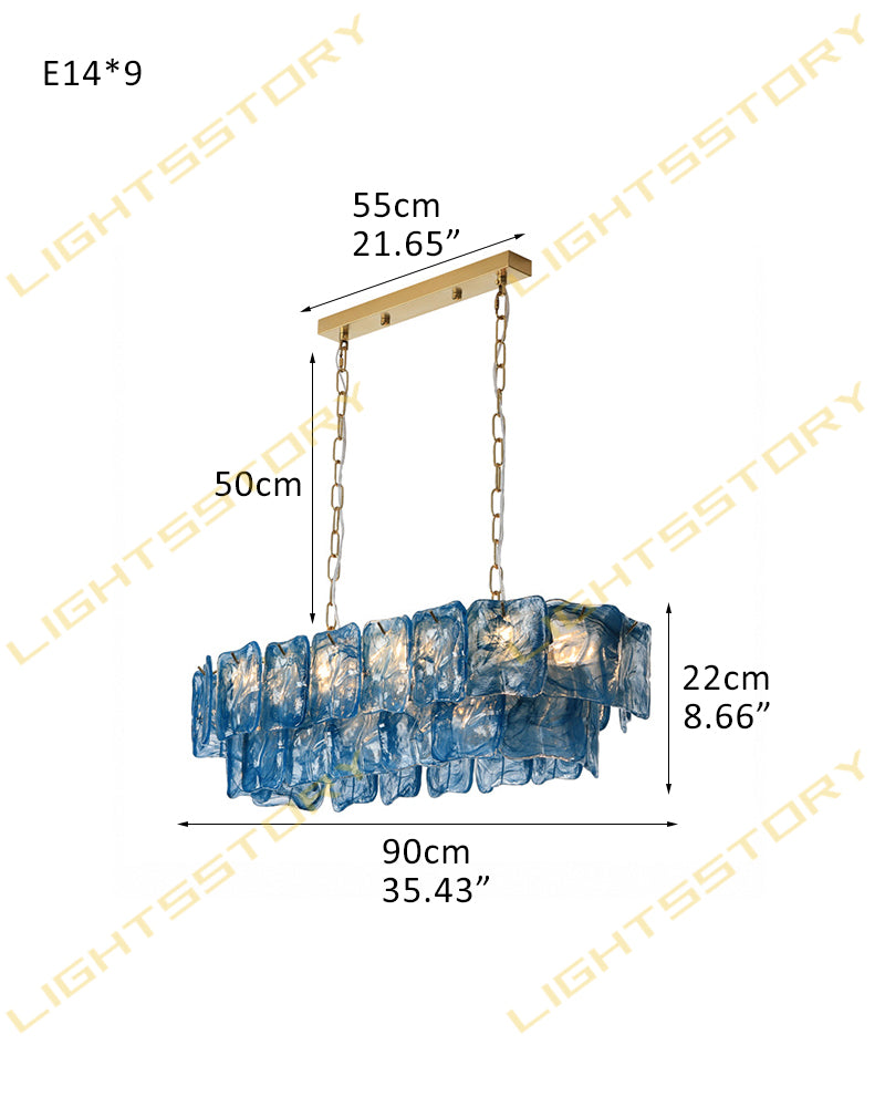 Chiara Murano Glass Contemporary Azure Blue Panel Linear Chandelier - Lux Gold Trim - Kitchen Islands & Dining Rooms
