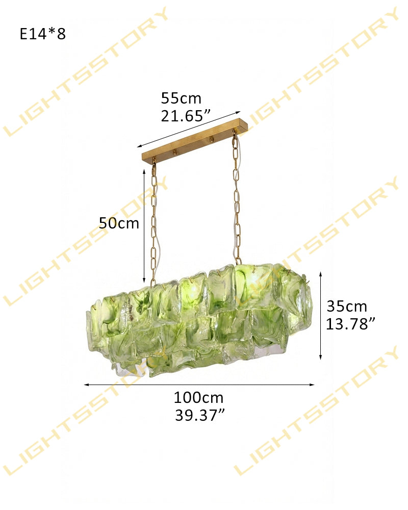 Chiara Murano Glass Contemporary Citrus Green Panel Linear Chandelier - Lux Gold Trim - Kitchen Islands & Dining Rooms