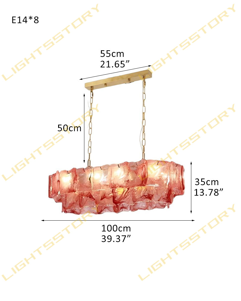 Chiara Murano Glass Contemporary Blush Pink Panel Linear Chandelier - Lux Gold Trim - Kitchen Islands & Dining Rooms