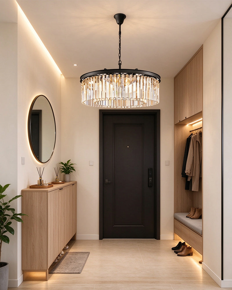 Deauville K9 Crystal Round Teardrop Prism Drum Chandelier - Precision-Cut Crystal, Serene Black Trim - Living Rooms, Bedrooms, Dining Rooms