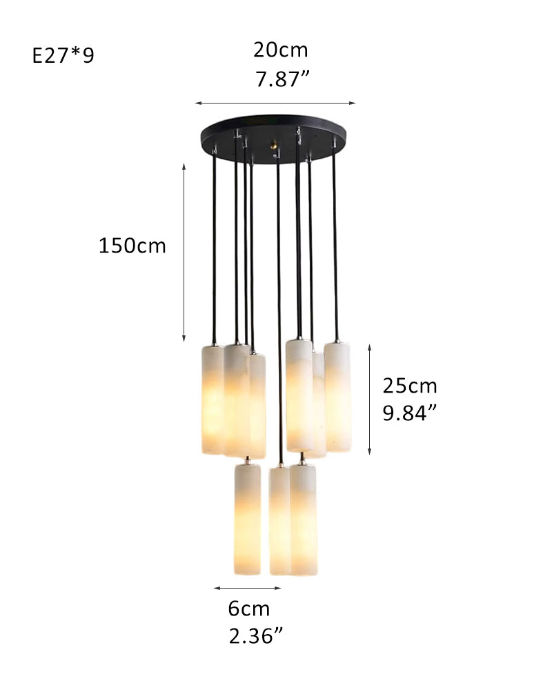 Dimensions of four cylindrical alabaster pendant lamps for modern interiors.