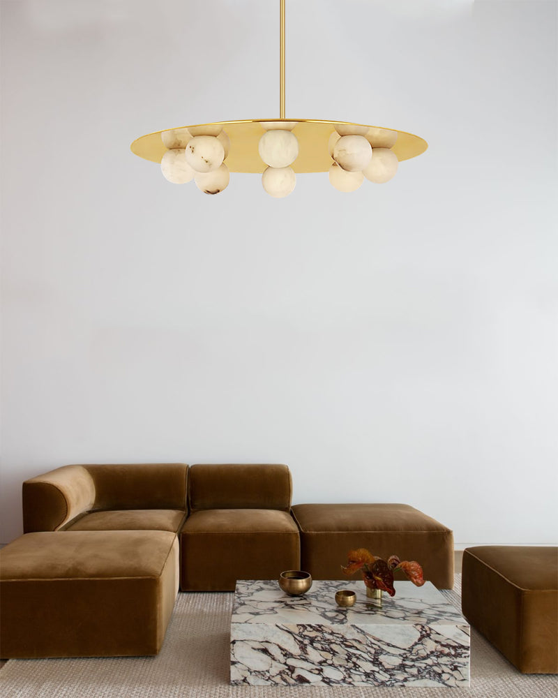Alabaster Sphere Globes Gold Disc Canopy Pendant Light - Natural Spanish Alabaster Orbs, Lux Gold Trim - Kitchens, Dining & Living Rooms