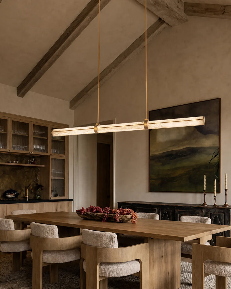 Cora Alabaster Linear Halo Rod Pendant Light - Natural Spanish Alabaster, Lux Gold Trim - Kitchen Islands & Dining Rooms