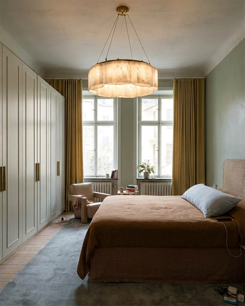 Alabaster Swirl Concentric Panel Multi Tiered Ring Pendant Light - Natural Spanish Alabaster Panels, Lux Gold Trim - Kitchens, Dining & Living Rooms