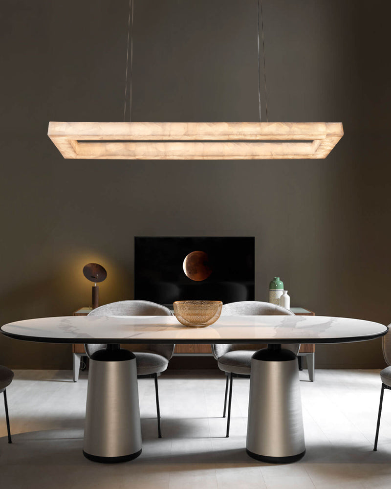 Belleval Alabaster Rectangular Halo Box Frame Linear Pendant Light - Natural Spanish Alabaster Halo, Custom, Serene Matte Trim - Kitchen Islands & Dining Rooms