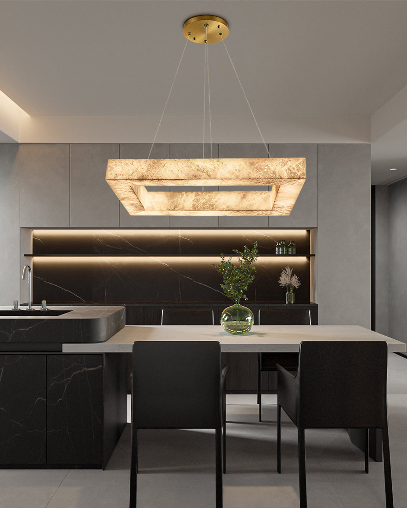 Alabaster Hollow Rectangular Halo Frame Suspended Linear Pendant Light - Natural Spanish Alabaster, Lux Gold Trim - Kitchens, Dining & Living Rooms