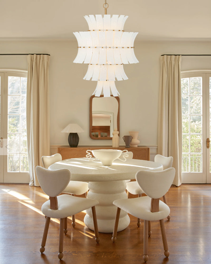 Ghiaccio Glass Ethereal White Multi Tiered Waterfall Chandelier - Heritage Brass Trim - Living Room & Dining Room