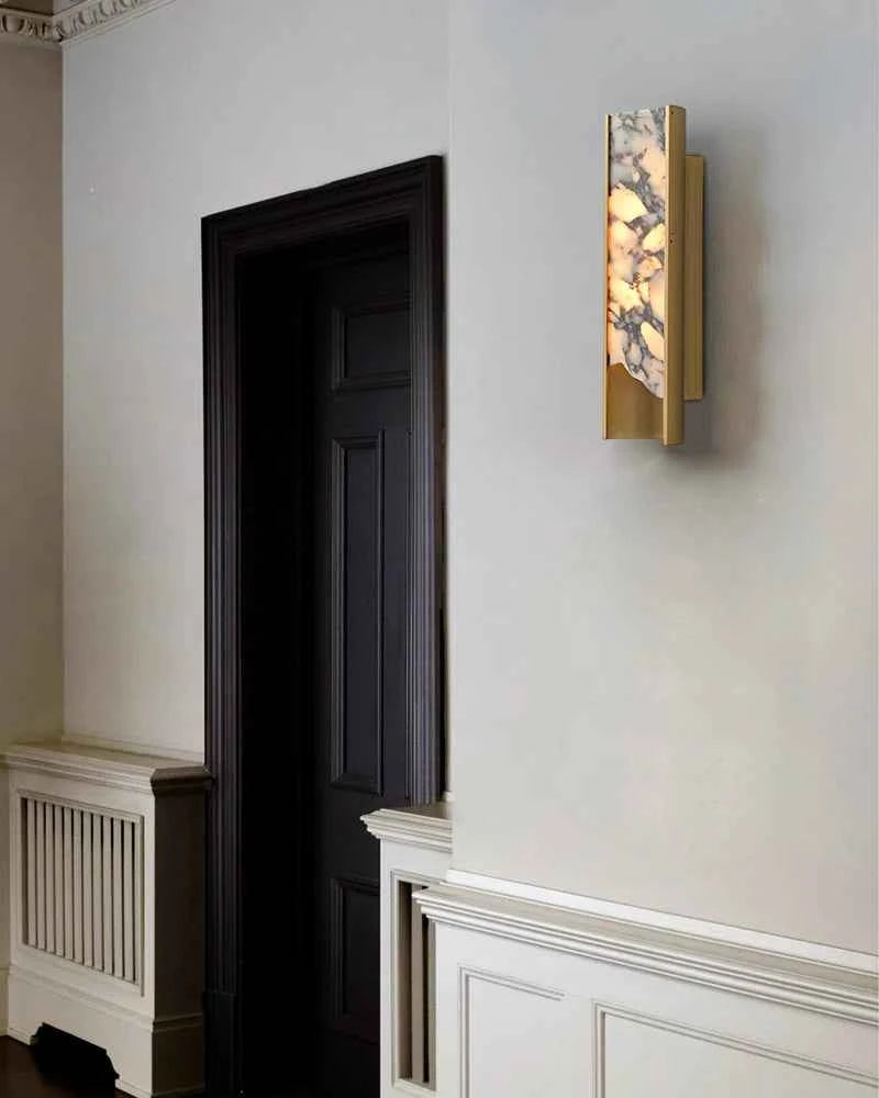 LightsStory Series Alabaster Square Wall Sconces, Natural Stone Brass & Black Metal LED Wall Lights Flush Mounted Wall Sconce Lamp