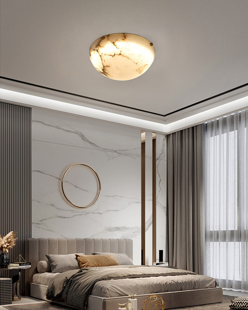 LED Alabaster Semi-Flush Ceiling Light with Round Bowl in brushed brass for living room, hallway